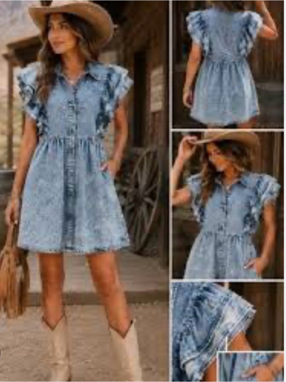 TCEC stonewashed denim ruffle sleeve mini dress retro 80s coastal cowgirl XL